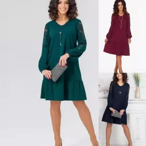Round Neck Long Sleeve Hollow Lace Sleeve Slim Fit Patchwork Dress