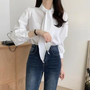 Spring New Gentle Lace-up Bow Tie Design Puff Sleeve Solid Color Shirt For Women