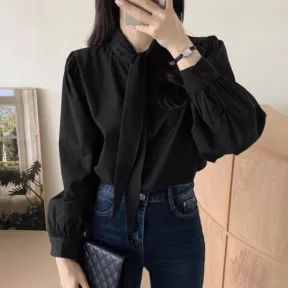 Spring New Gentle Lace-up Bow Tie Design Puff Sleeve Solid Color Shirt For Women