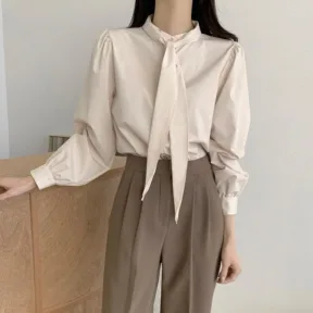 Spring New Gentle Lace-up Bow Tie Design Puff Sleeve Solid Color Shirt For Women