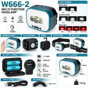 W666-2 վերալիցքավորվող LED գլխի լապտեր՝ մագնիսով, 10 Վտ, 4000 mAh
