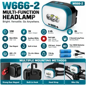W666-2 վերալիցքավորվող LED գլխի լապտեր՝ մագնիսով, 10 Վտ, 4000 mAh